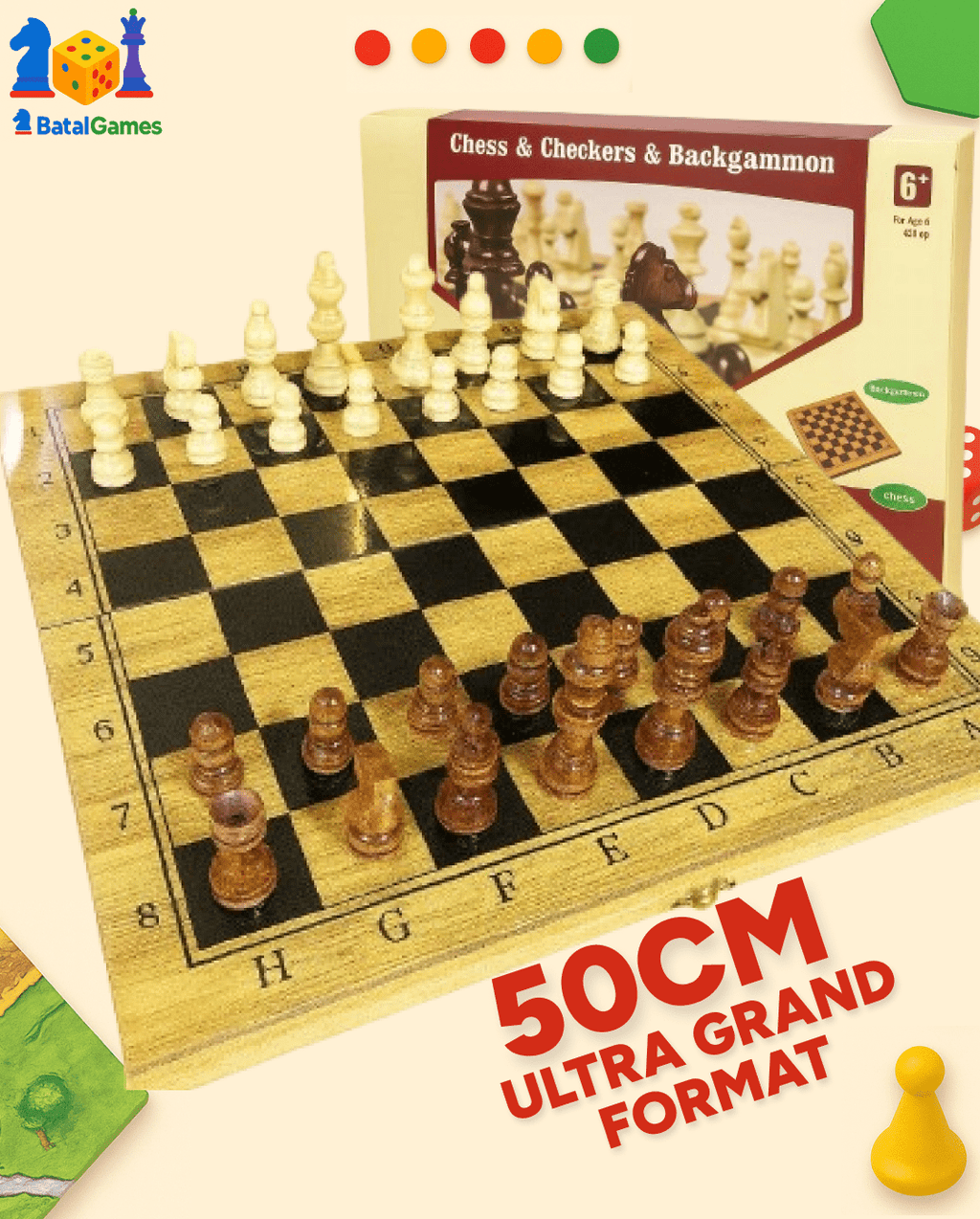 Chess Set 3 en 1 ULTRA GRAND 50CM – Échecs, Dames & Backgammon en Bambou Haut de Gamme