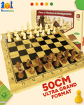 Chess Set 3 en 1 ULTRA GRAND 50CM – Échecs, Dames & Backgammon en Bambou Haut de Gamme