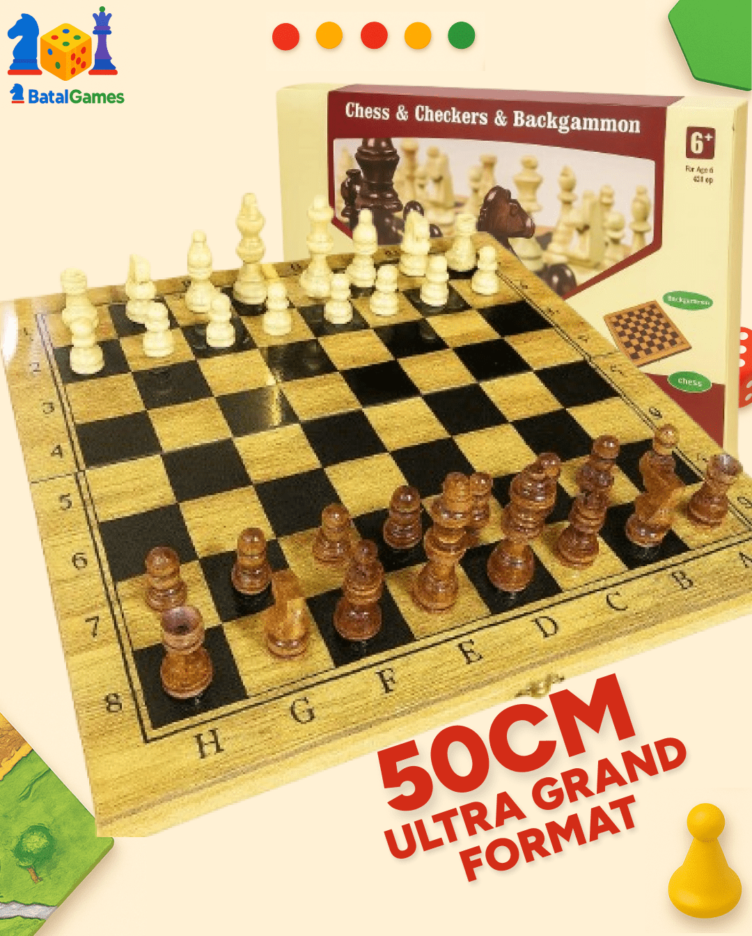 Chess Set 3 en 1 ULTRA GRAND 50CM – Échecs, Dames & Backgammon en Bambou Haut de Gamme